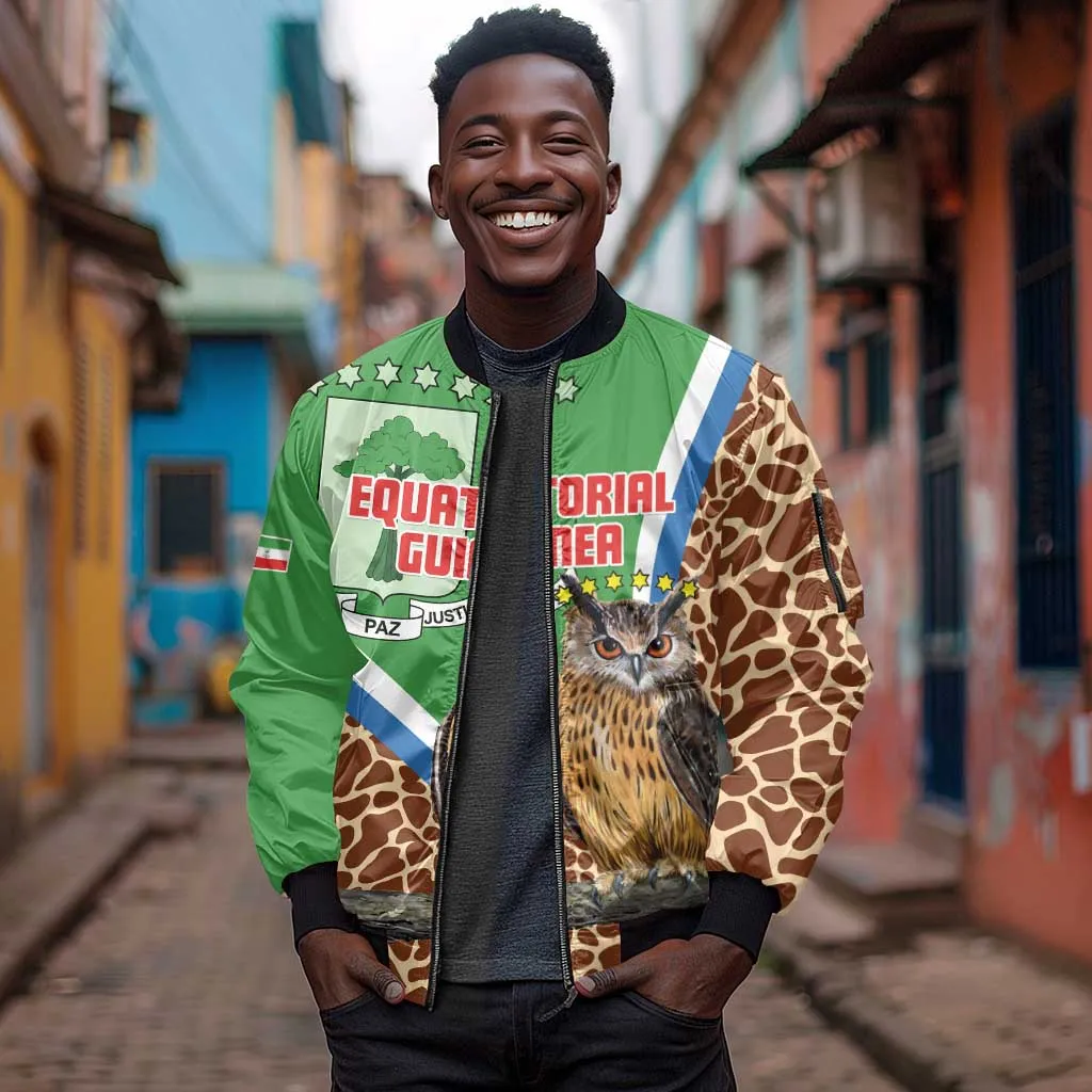 Personalised Equatorial Guinea Sleeve Zip Bomber Jacket Bubo Poensis With Coat Of Arms LT15