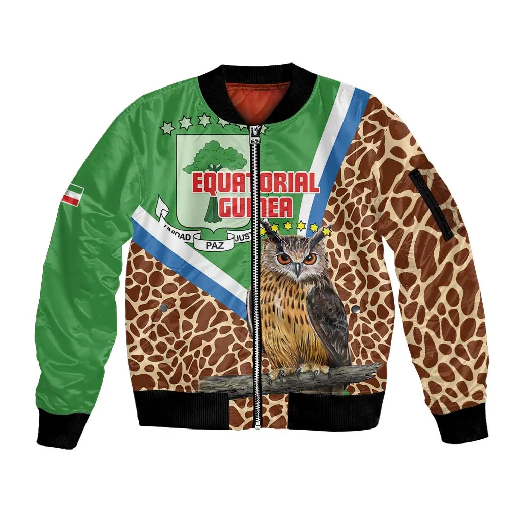 Personalised Equatorial Guinea Sleeve Zip Bomber Jacket Bubo Poensis With Coat Of Arms LT15