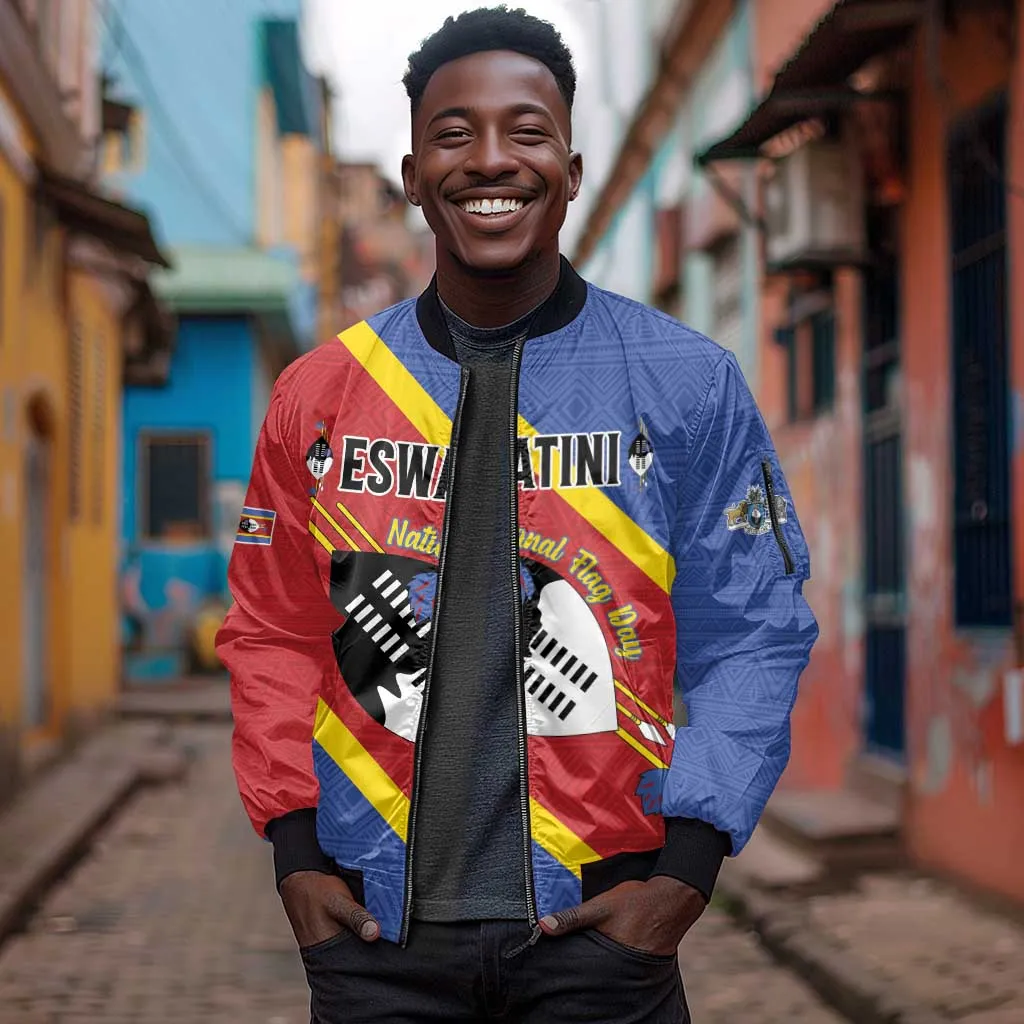 Personalized Happy Swaziland National Flag Day Sleeve Zip Bomber Jacket Nguni Shield Flag Style - African Pattern LT15