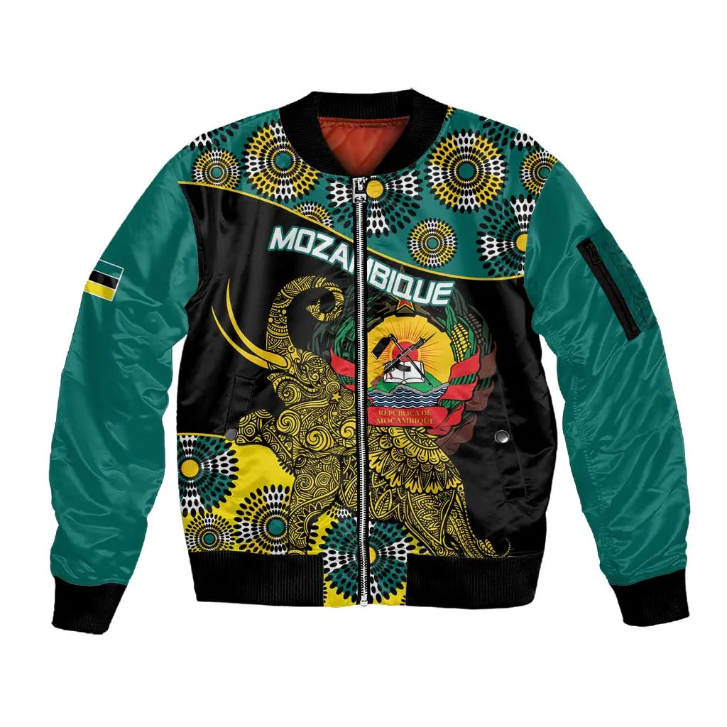 Personalized Mozambique Sleeve Zip Bomber Jacket African Elephant With Capunala Pattern LT15