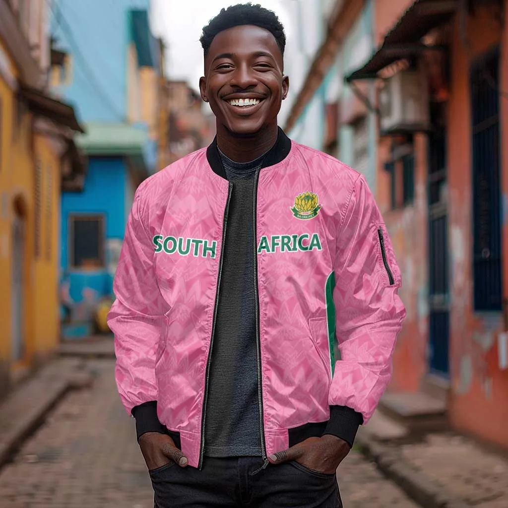 Pink South Africa Cricket Custom Sleeve Zip Bomber Jacket African King Proteas Be Way Pink LT9
