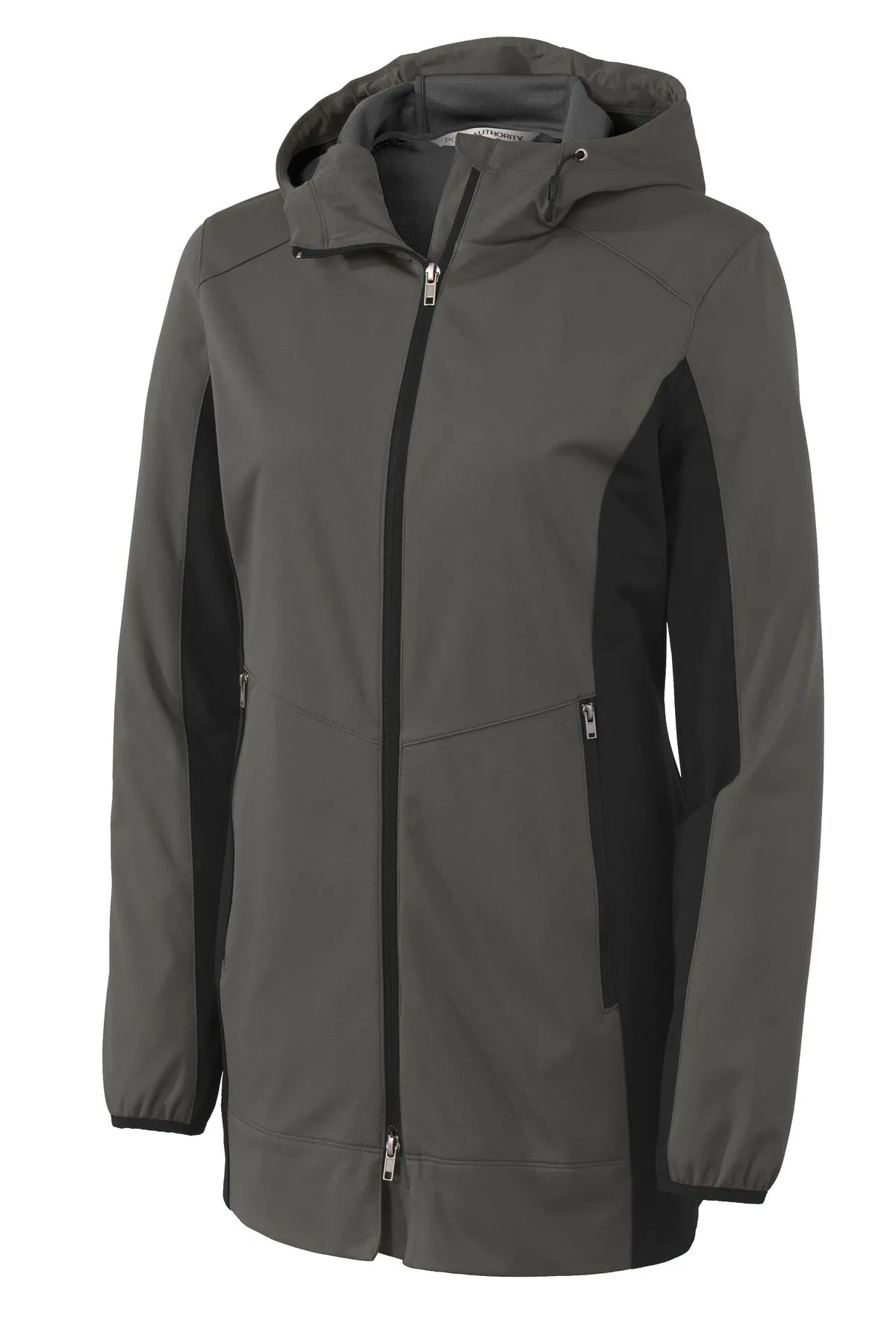Port Authority Women's Active Hooded Soft Shell Jacket. L719 Grey Steel/ Deep Black