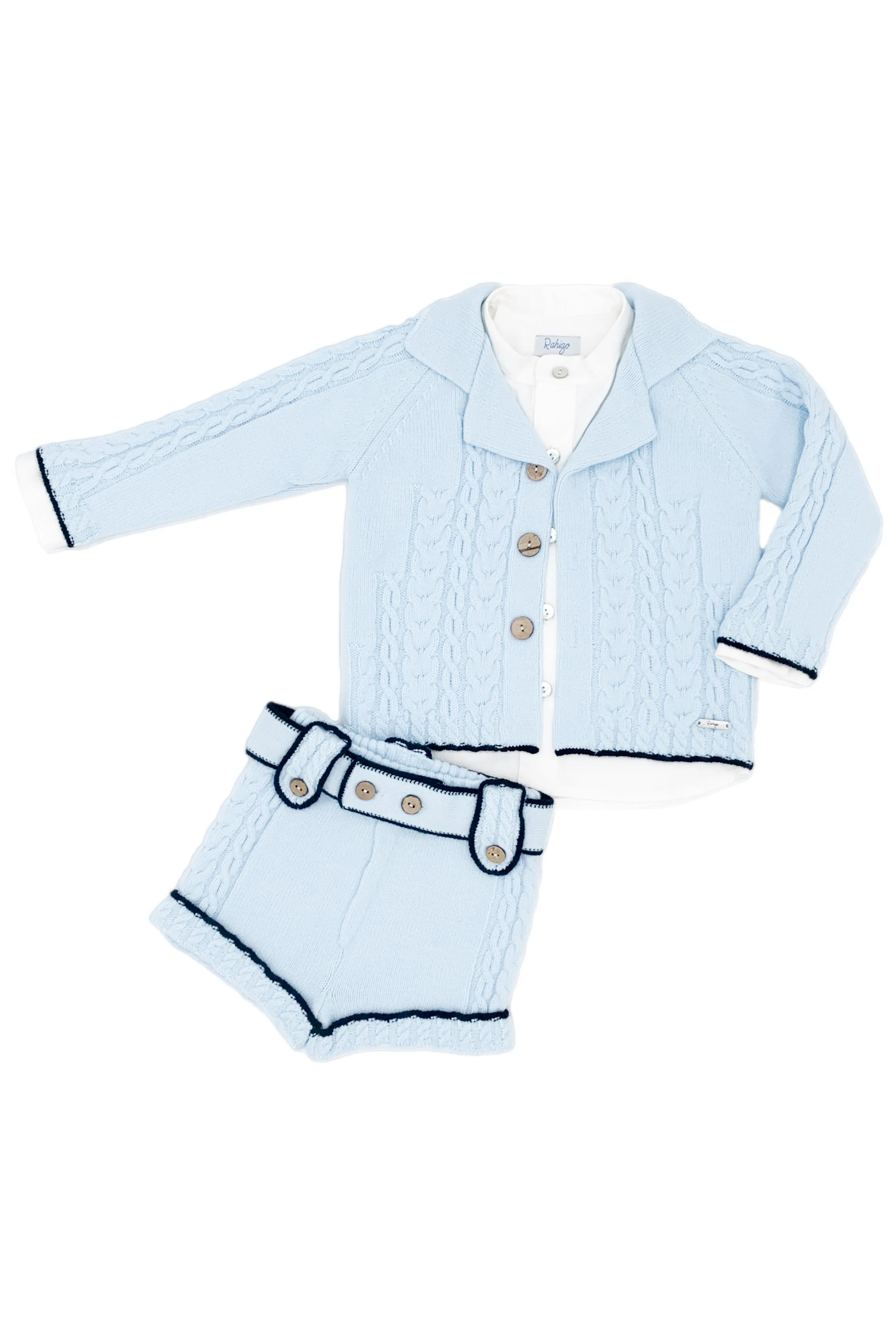 "Alfie" Baby Blue & Navy Knit Cardigan, Shirt & Shorts