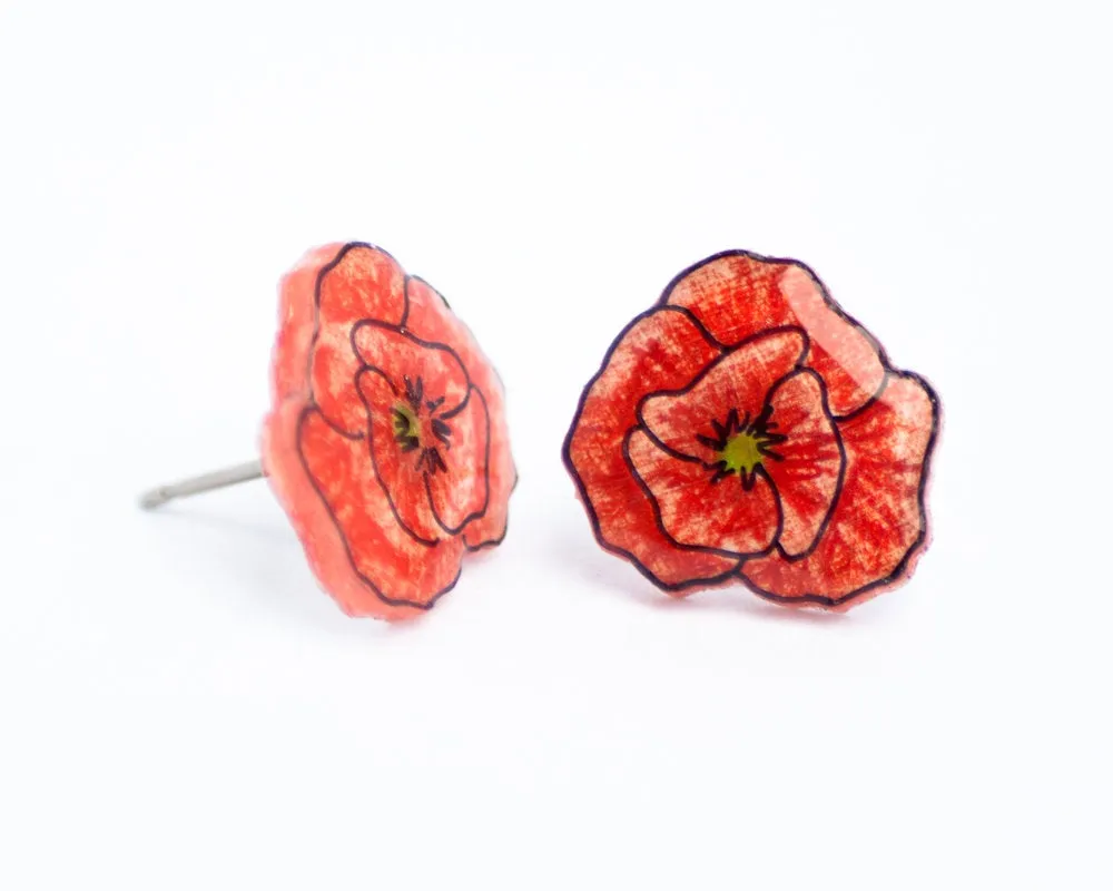 Red Poppy Stud Earrings with Ear Jackets