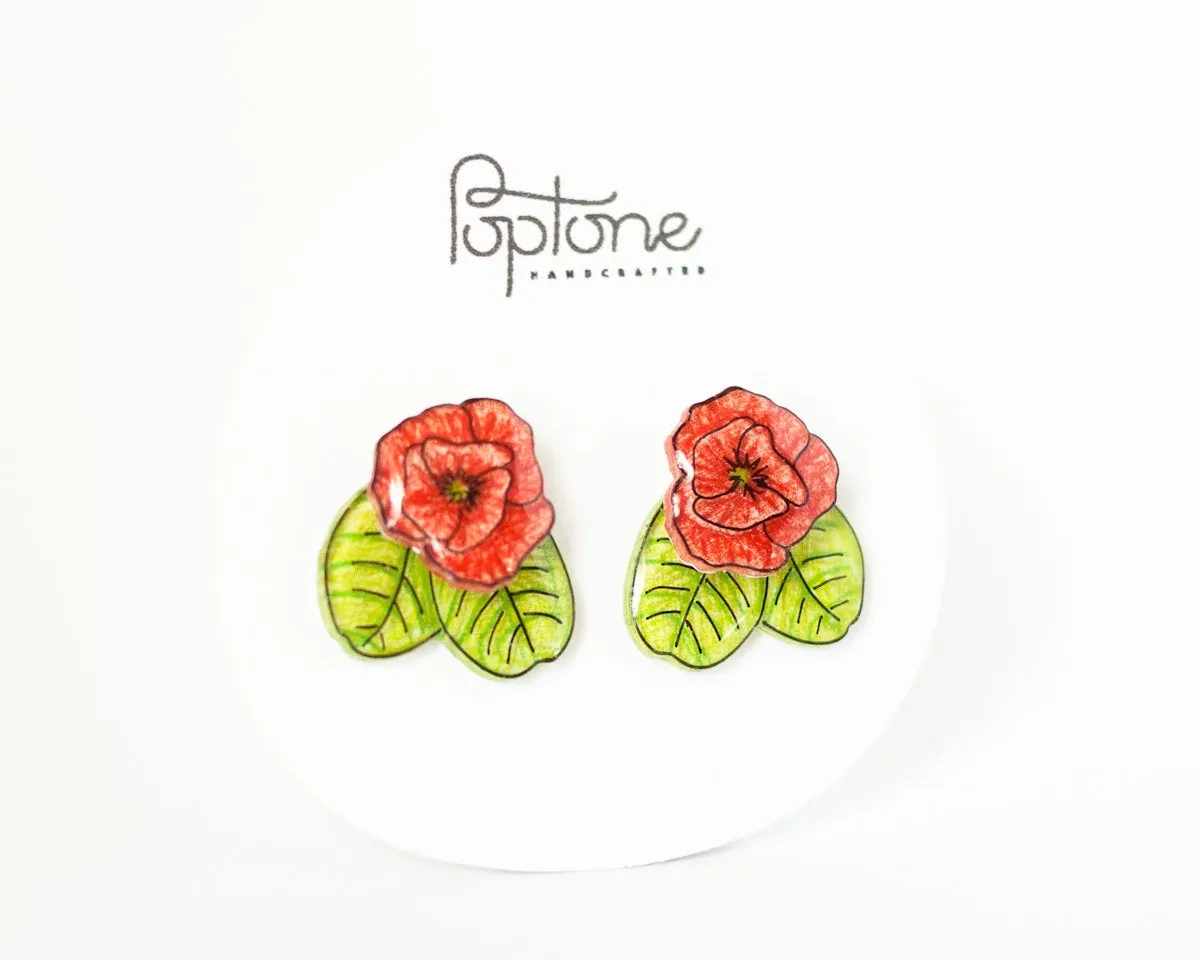 Red Poppy Stud Earrings with Ear Jackets