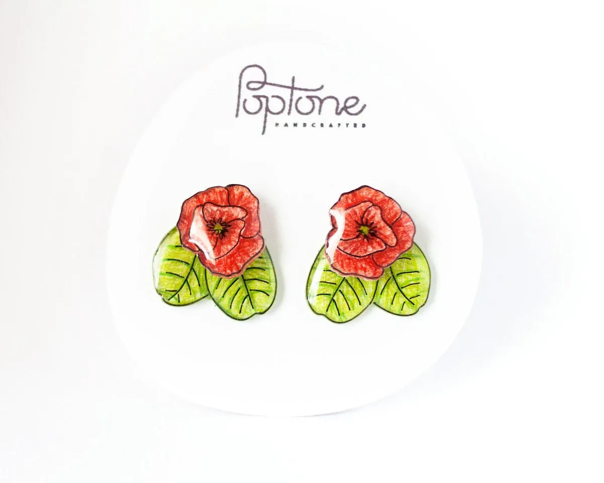 Red Poppy Stud Earrings with Ear Jackets