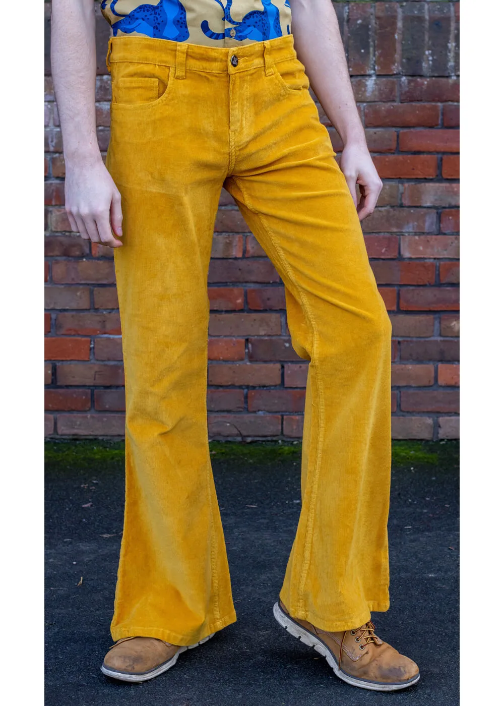 Run & Fly Mens Corduroy 70's Flare Trousers Mustard Gold