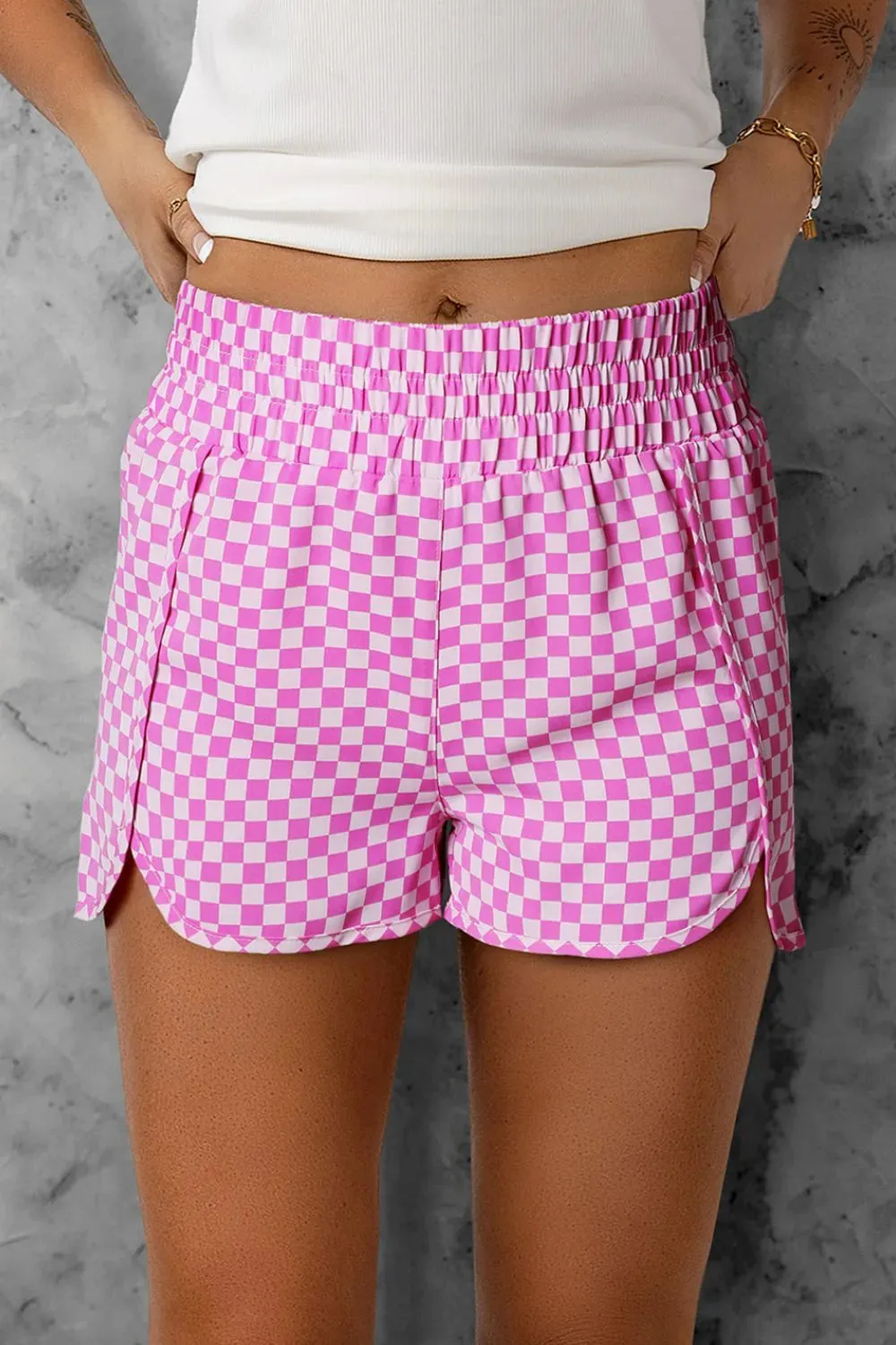 Smocked Elastic Waist Checkered Shorts S-XL