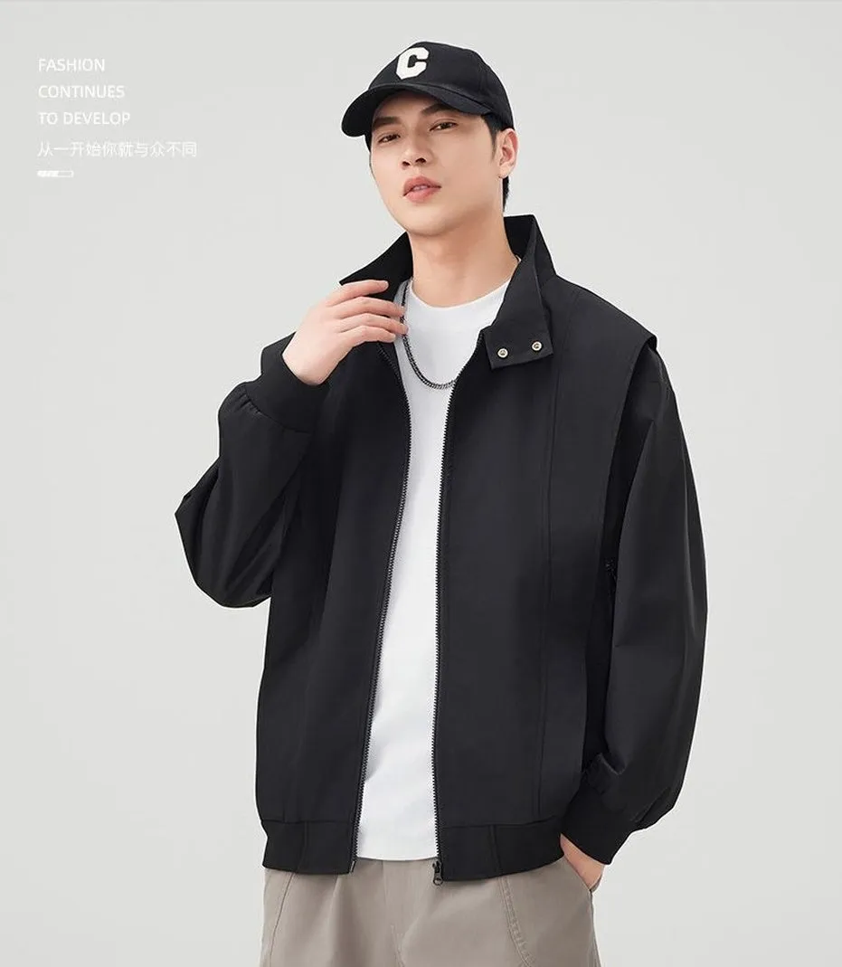 Solid Color Men's Raincoat with Stand-Up Collar and Zippered Pocket