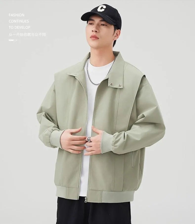 Solid Color Men's Raincoat with Stand-Up Collar and Zippered Pocket