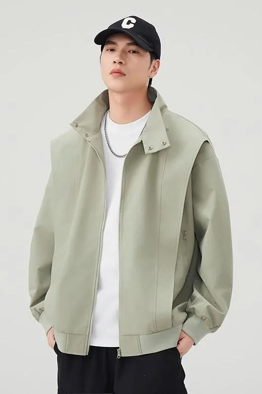Solid Color Men's Raincoat with Stand-Up Collar and Zippered Pocket