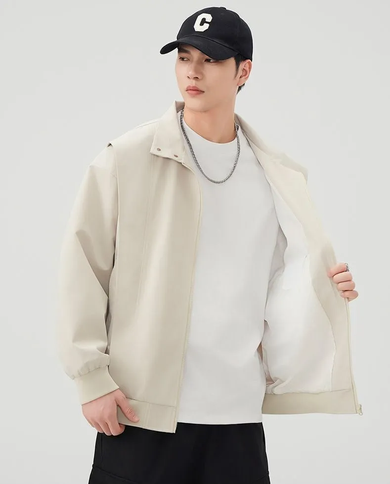 Solid Color Men's Raincoat with Stand-Up Collar and Zippered Pocket