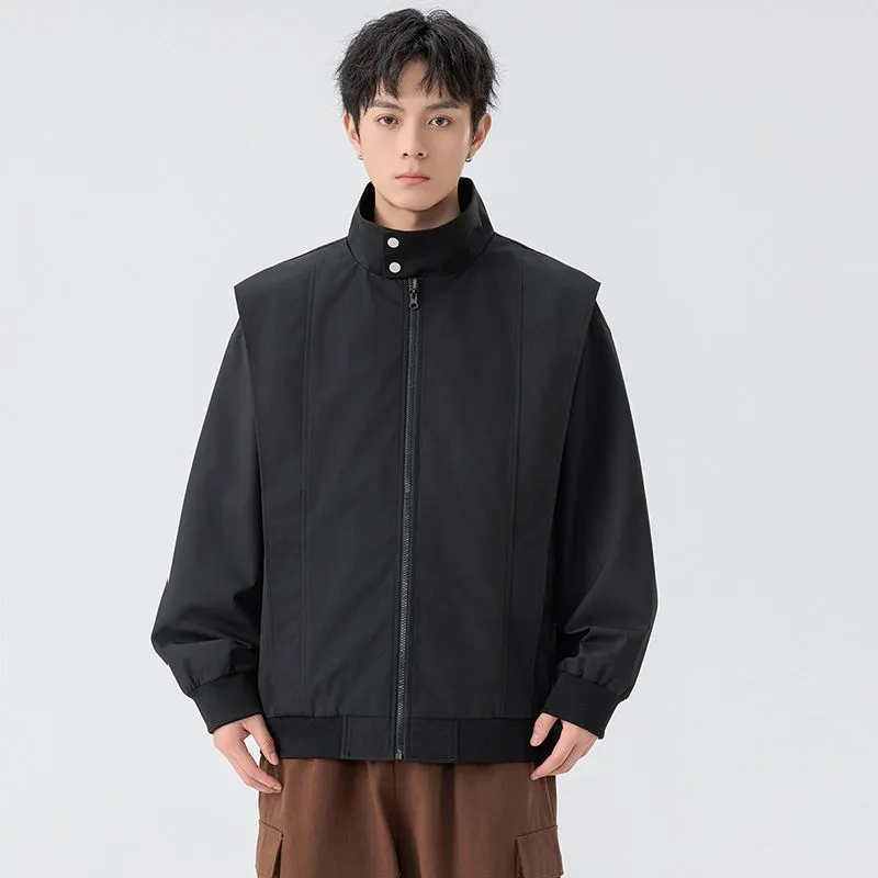 Solid Color Men's Raincoat with Stand-Up Collar and Zippered Pocket