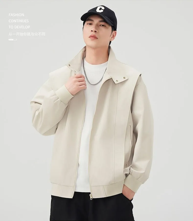 Solid Color Men's Raincoat with Stand-Up Collar and Zippered Pocket
