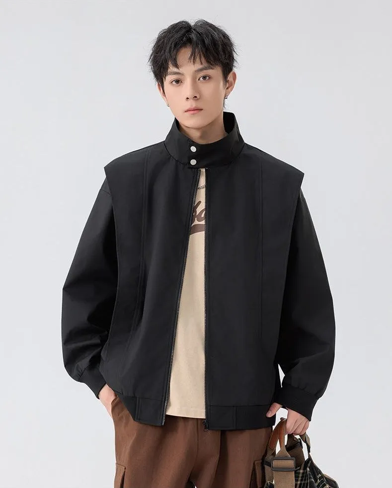 Solid Color Men's Raincoat with Stand-Up Collar and Zippered Pocket