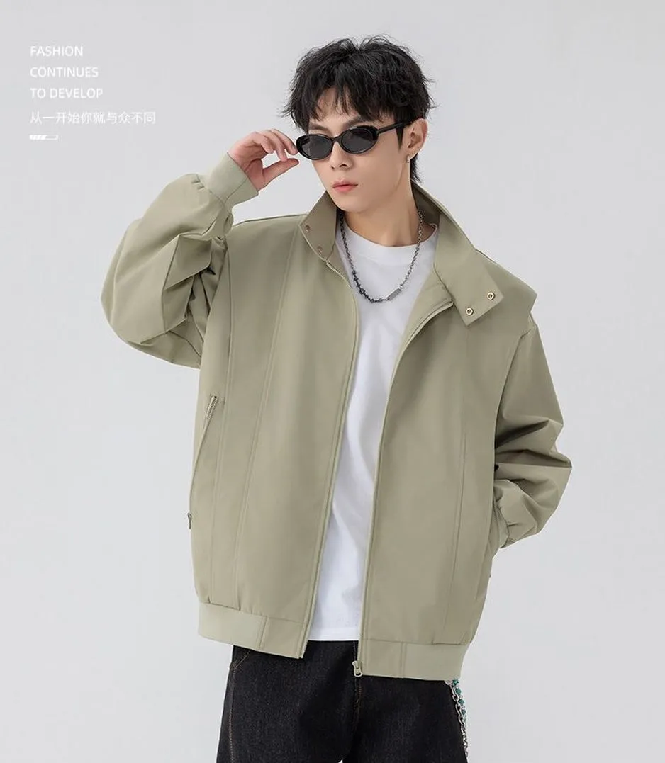 Solid Color Men's Raincoat with Stand-Up Collar and Zippered Pocket