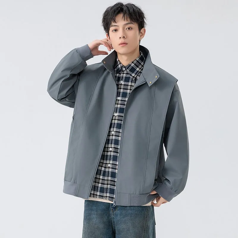 Solid Color Men's Raincoat with Stand-Up Collar and Zippered Pocket