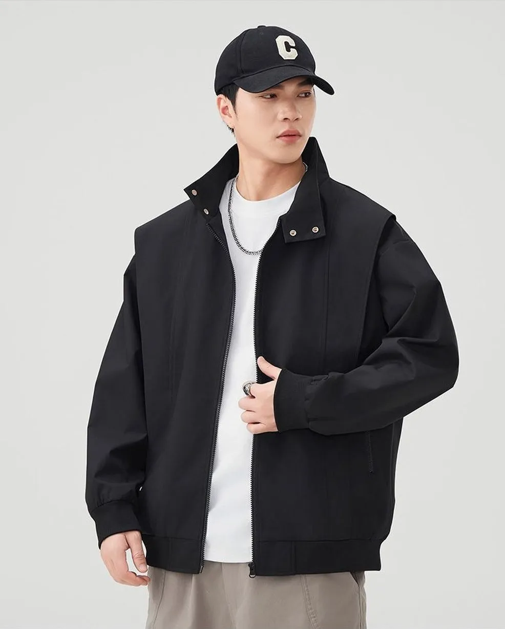 Solid Color Men's Raincoat with Stand-Up Collar and Zippered Pocket