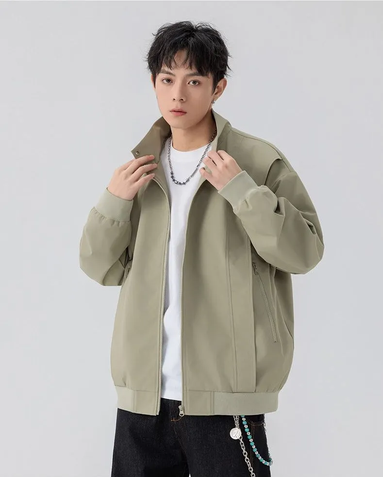 Solid Color Men's Raincoat with Stand-Up Collar and Zippered Pocket