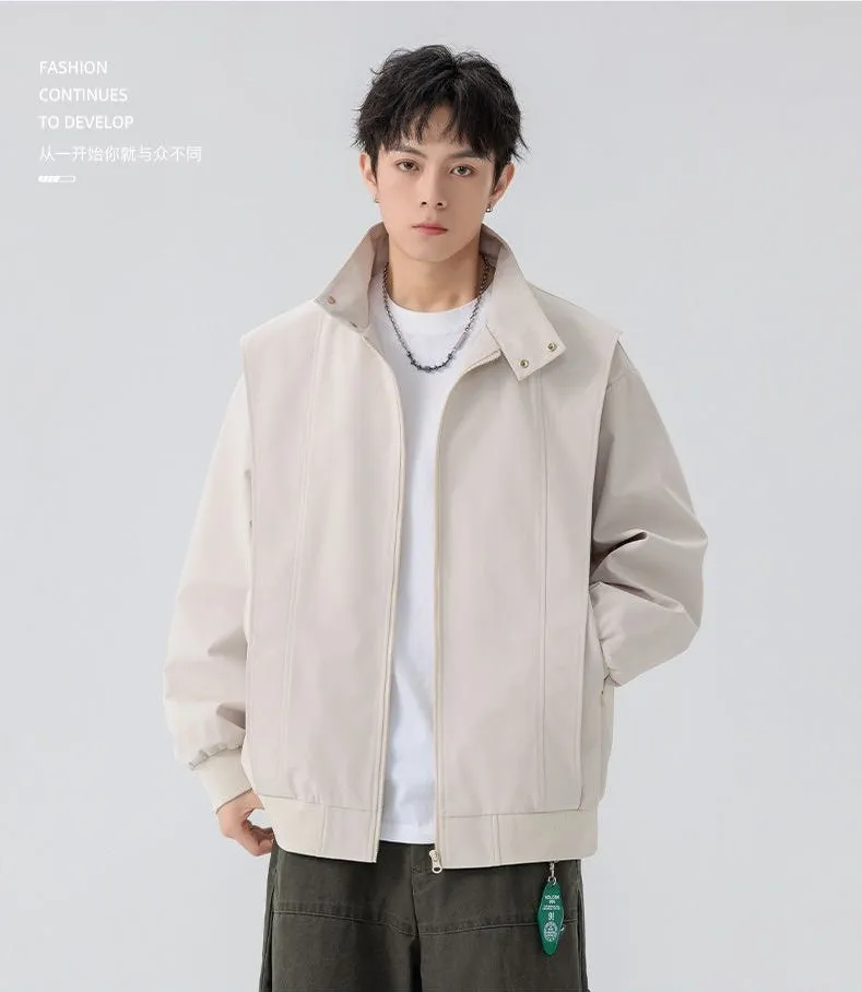 Solid Color Men's Raincoat with Stand-Up Collar and Zippered Pocket