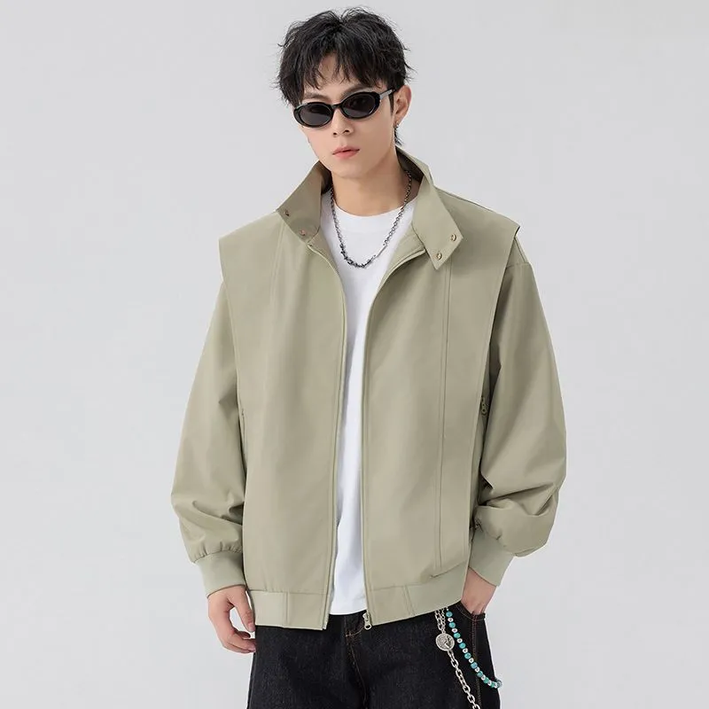 Solid Color Men's Raincoat with Stand-Up Collar and Zippered Pocket