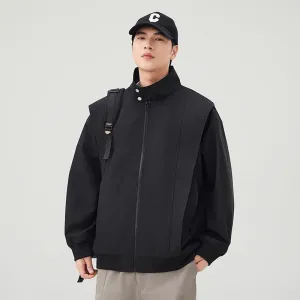 Solid Color Men's Raincoat with Stand-Up Collar and Zippered Pocket