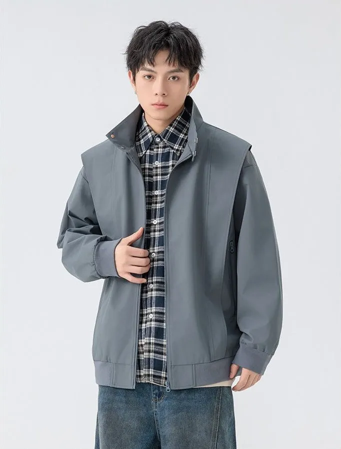 Solid Color Men's Raincoat with Stand-Up Collar and Zippered Pocket
