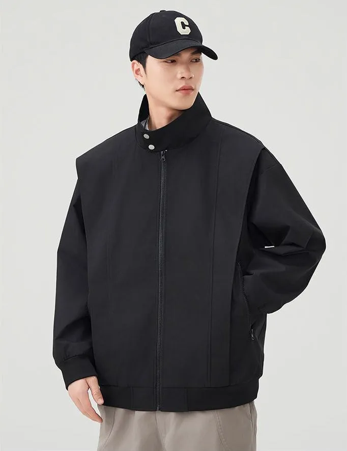 Solid Color Men's Raincoat with Stand-Up Collar and Zippered Pocket