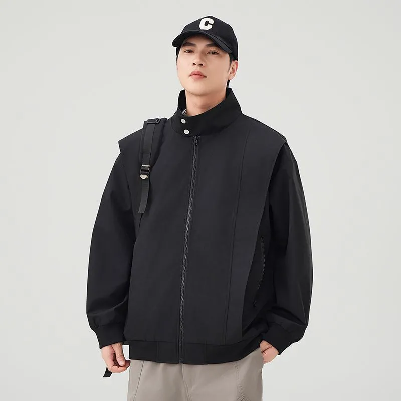 Solid Color Men's Raincoat with Stand-Up Collar and Zippered Pocket