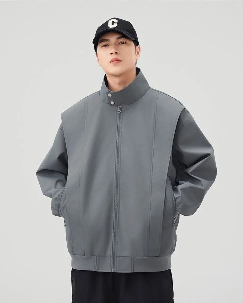 Solid Color Men's Raincoat with Stand-Up Collar and Zippered Pocket