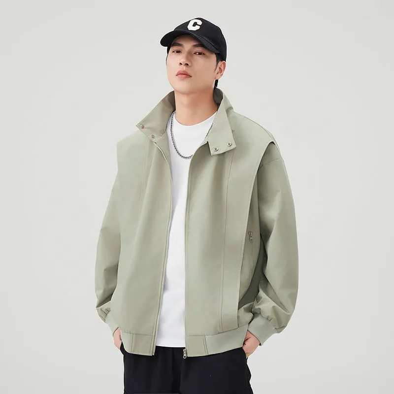 Solid Color Men's Raincoat with Stand-Up Collar and Zippered Pocket