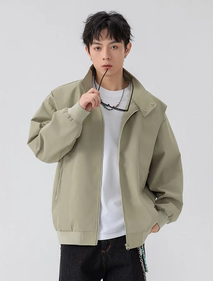 Solid Color Men's Raincoat with Stand-Up Collar and Zippered Pocket