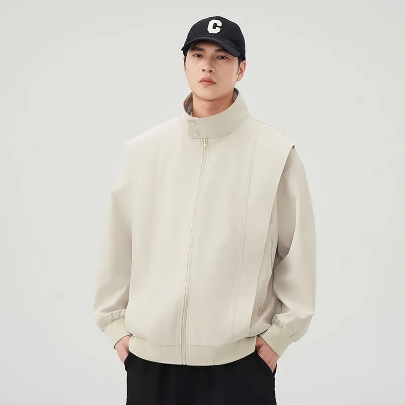 Solid Color Men's Raincoat with Stand-Up Collar and Zippered Pocket