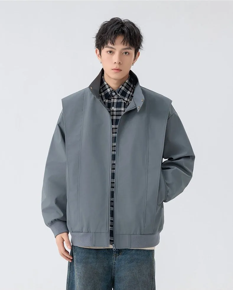 Solid Color Men's Raincoat with Stand-Up Collar and Zippered Pocket