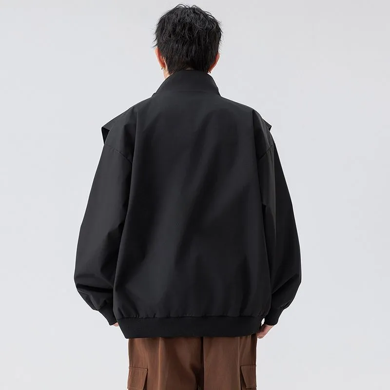 Solid Color Men's Raincoat with Stand-Up Collar and Zippered Pocket