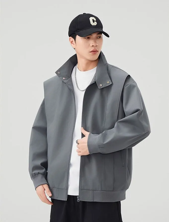 Solid Color Men's Raincoat with Stand-Up Collar and Zippered Pocket