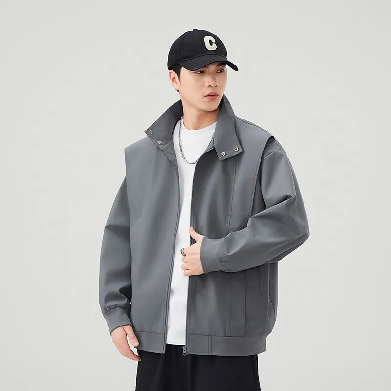 Solid Color Men's Raincoat with Stand-Up Collar and Zippered Pocket