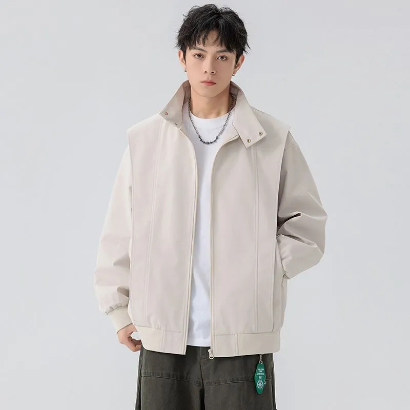 Solid Color Men's Raincoat with Stand-Up Collar and Zippered Pocket