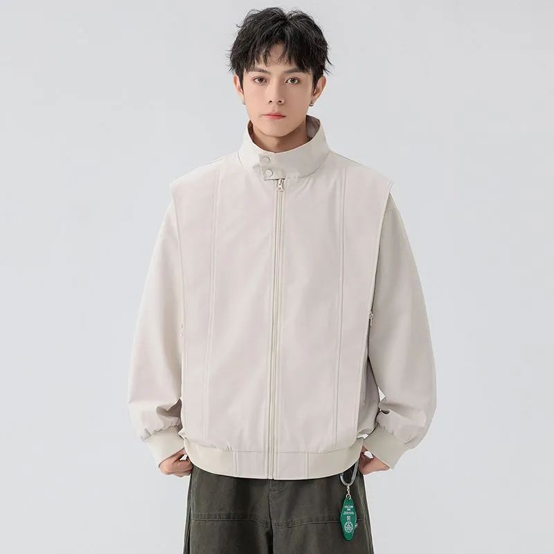 Solid Color Men's Raincoat with Stand-Up Collar and Zippered Pocket