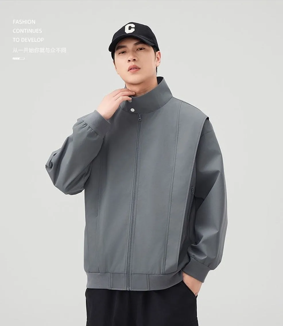 Solid Color Men's Raincoat with Stand-Up Collar and Zippered Pocket