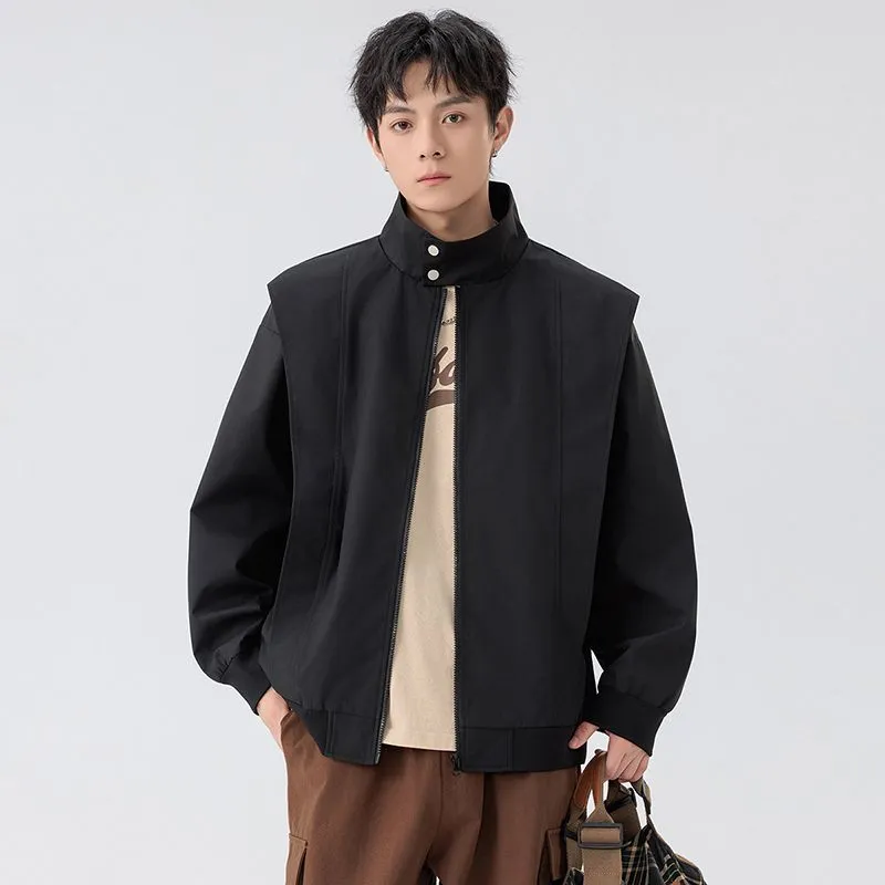Solid Color Men's Raincoat with Stand-Up Collar and Zippered Pocket