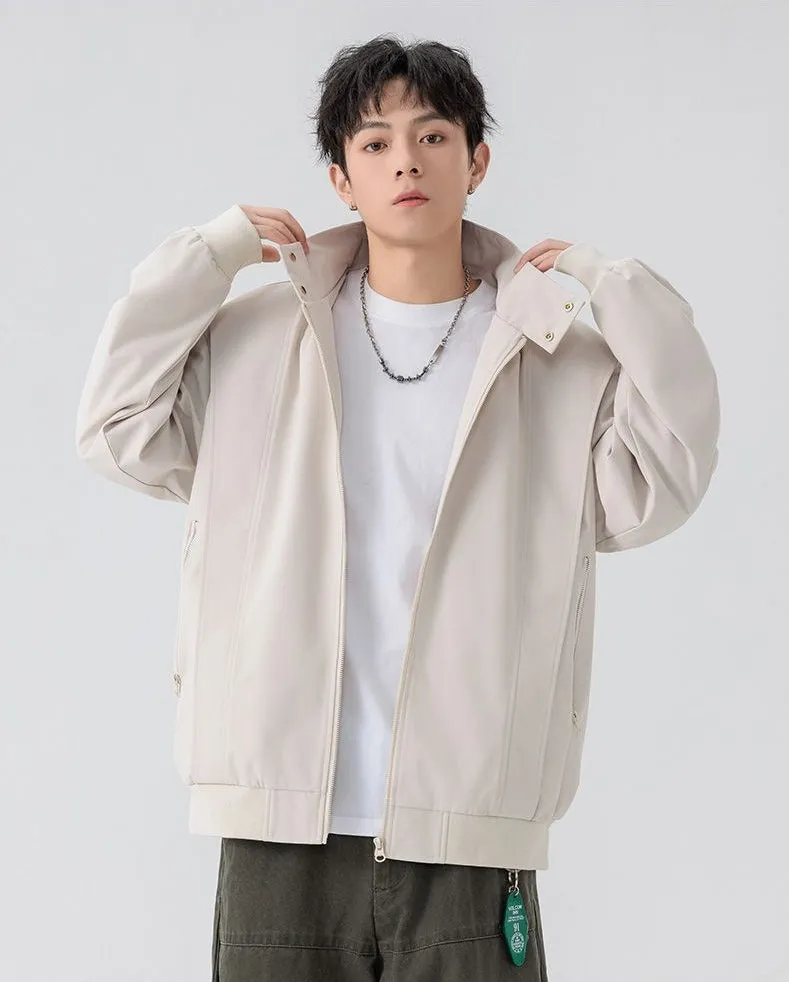 Solid Color Men's Raincoat with Stand-Up Collar and Zippered Pocket
