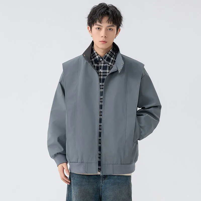 Solid Color Men's Raincoat with Stand-Up Collar and Zippered Pocket