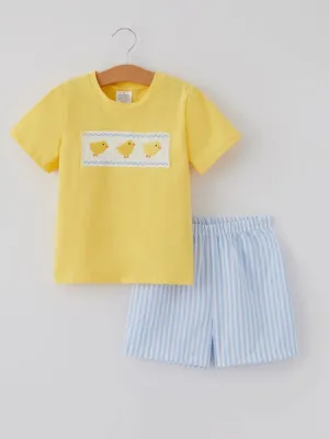 Spring Chicks Boys Smocked Set: Yellow Mix