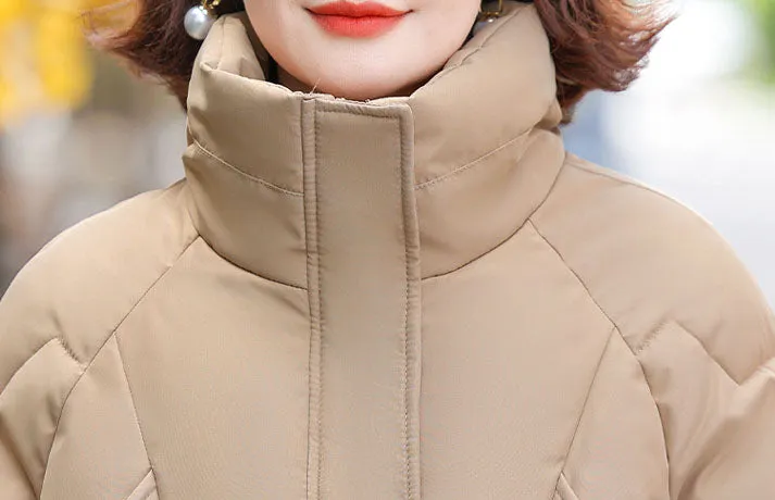 Thickened Quilted Windproof Puffer Jacket for Women with Drawstring Hem
