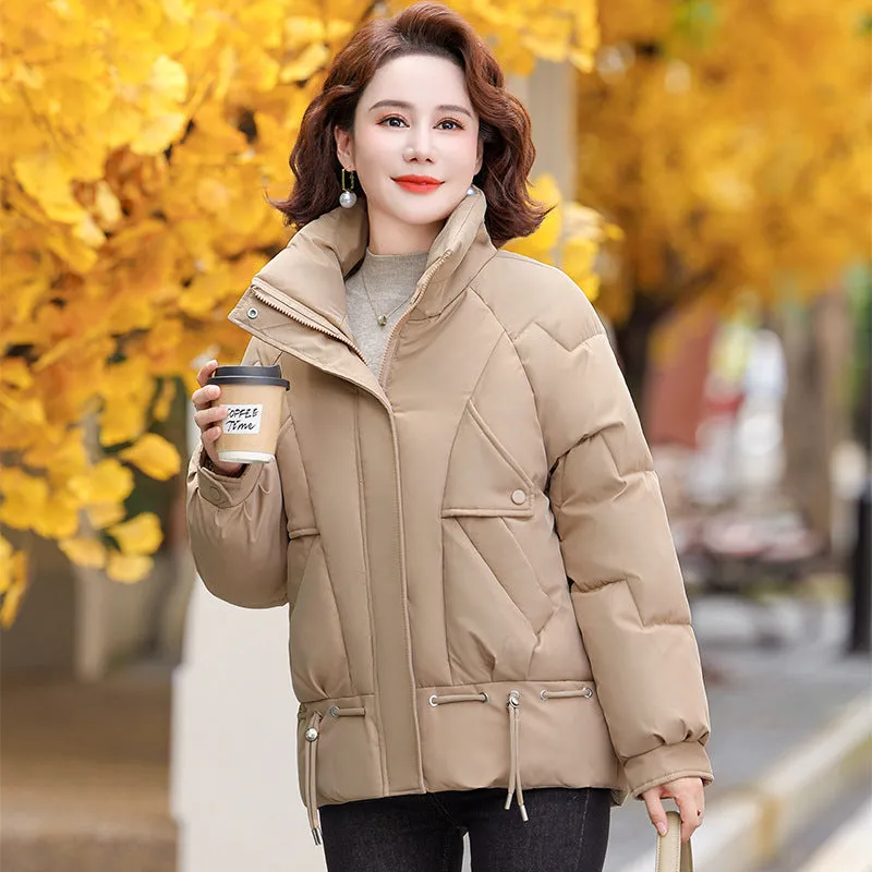 Thickened Quilted Windproof Puffer Jacket for Women with Drawstring Hem