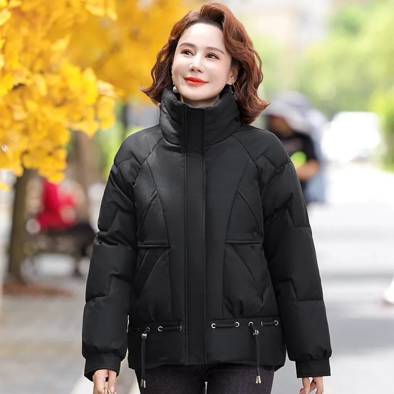 Thickened Quilted Windproof Puffer Jacket for Women with Drawstring Hem