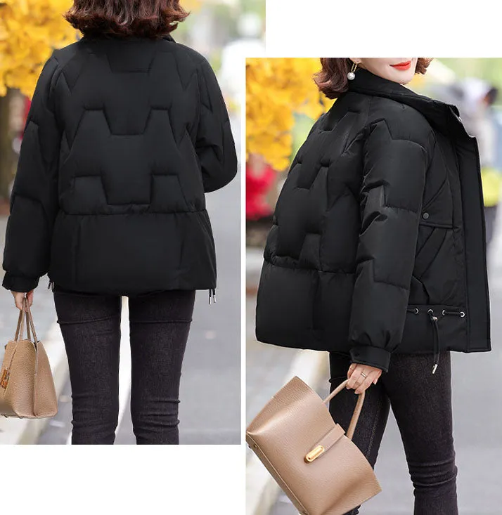 Thickened Quilted Windproof Puffer Jacket for Women with Drawstring Hem