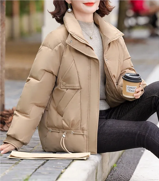 Thickened Quilted Windproof Puffer Jacket for Women with Drawstring Hem