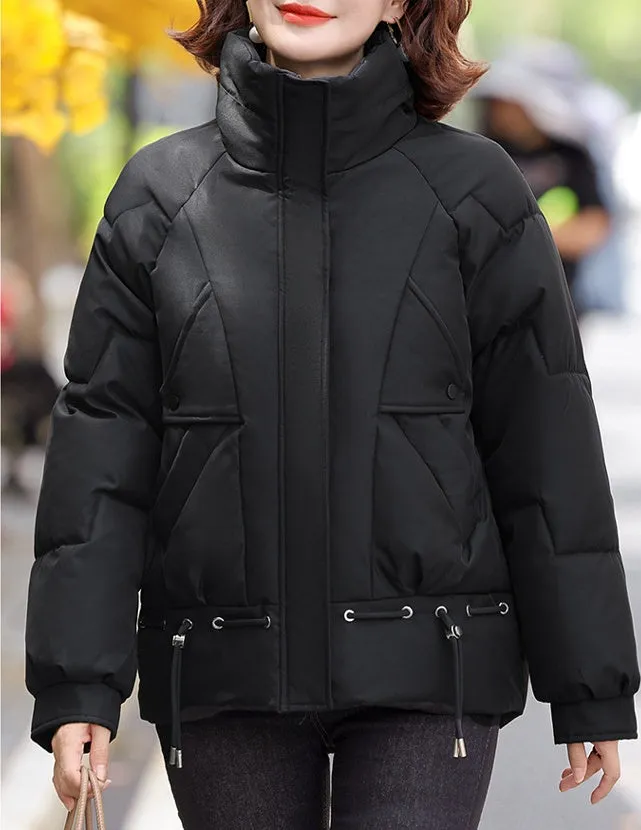 Thickened Quilted Windproof Puffer Jacket for Women with Drawstring Hem